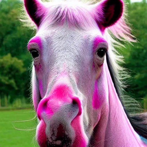 Prompt: hybrid between Jim Carrey and a pink horse, Jim Carrey mixed with a pink horse, shocked expression