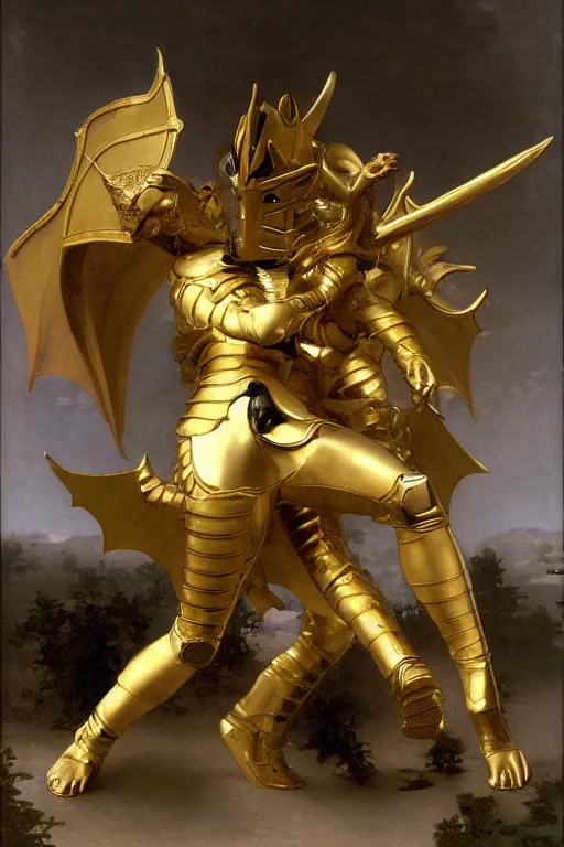 Image similar to a knight in gold armor battling a dragon style of William Adolphe Bouguereau