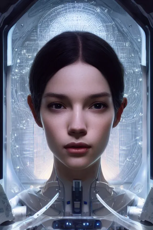 Image similar to beautiful and enigmatic artificial intelligence held captive in a remote research facility. vulnerability and innocence, ultra realistic, sharp details, subsurface scattering, intricate details, warm lighting, beautiful features, highly detailed, photorealistic, octane render, 8 k, unreal engine, art by artgerm and greg rutkowski and alphonse mucha