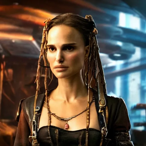 Image similar to a high quality portrait of natalie portman as a pirate in a cyberpunk cyberpunk cyberpunk cafe, realism, 8k, award winning photo