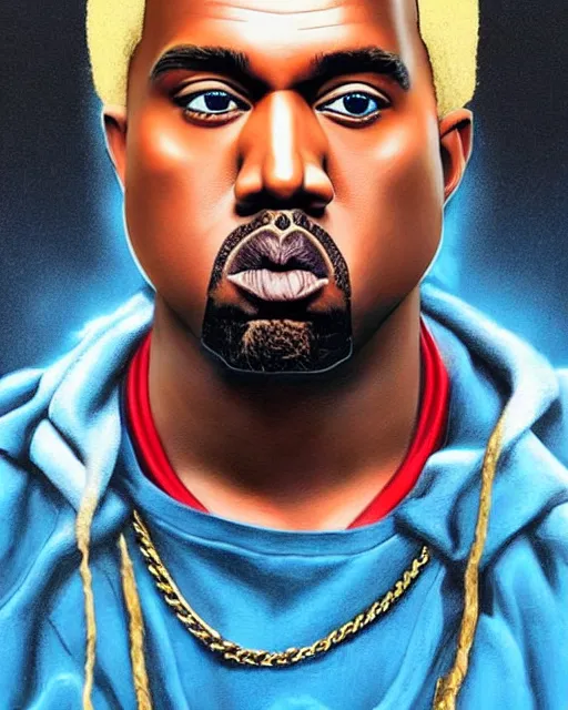 Prompt: kanye west dyed blonde hair 2 0 1 8, airbrush, drew struzan illustration art, key art, movie poster