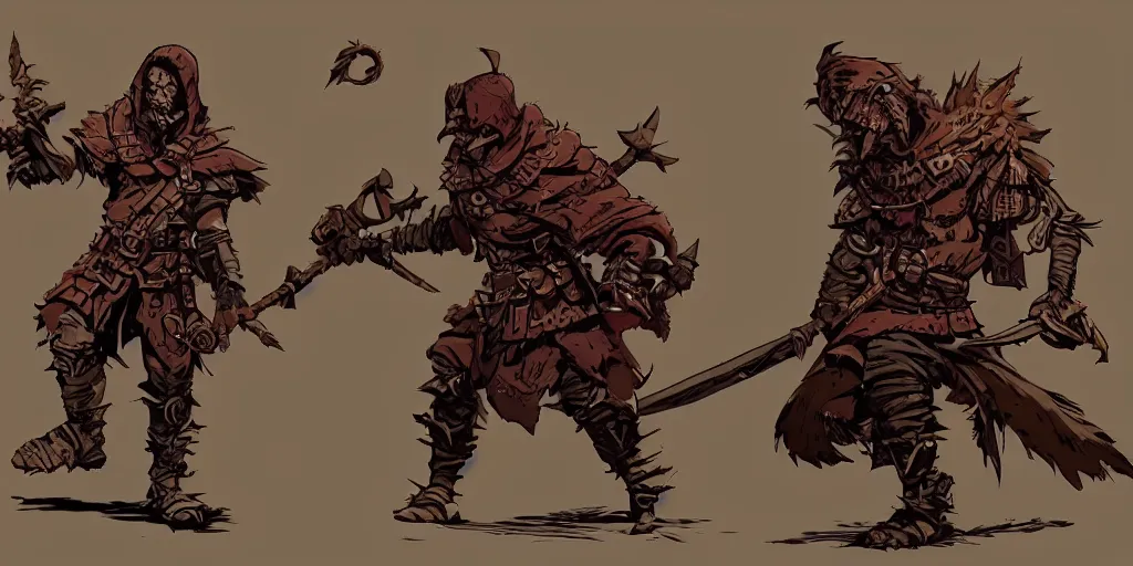 Image similar to warrior character design, idle, attack, sprite, darkest dungeon, pc game, sideview, transparent background, art by moebius and greg rutkowski.