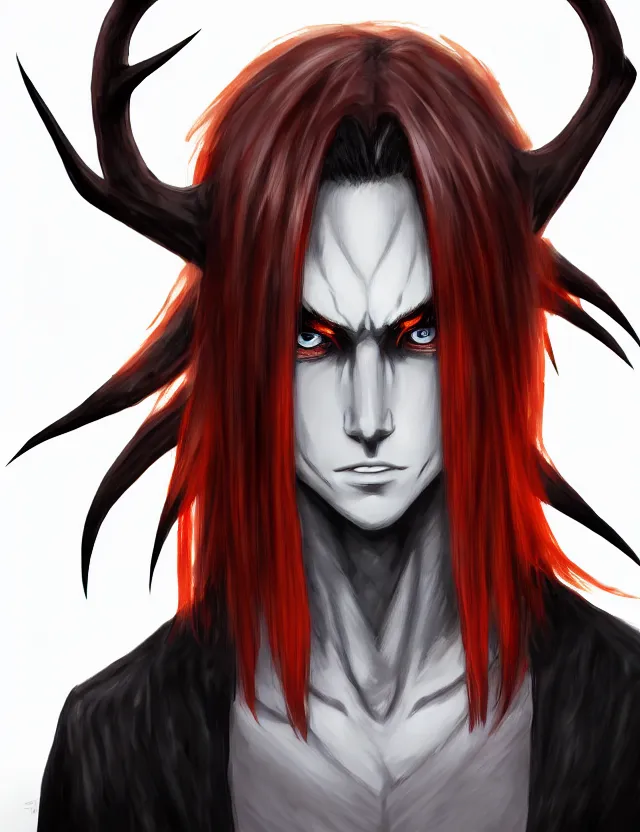 Image similar to a detailed manga portrait of a shadowy handsome demon boy with dark antlers and long crimson hair and glowing orange eyes, trending on artstation, digital art, 4 k resolution, detailed, high quality, sharp focus, hq artwork, coherent, insane detail, character portrait