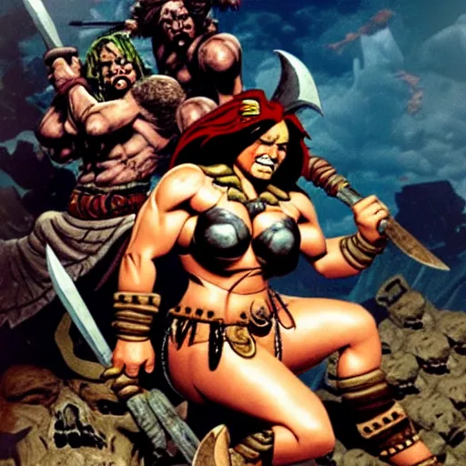 Image similar to female barbarian on a pile of skulls, surrounded by slain orcs, in style of frank frazetta
