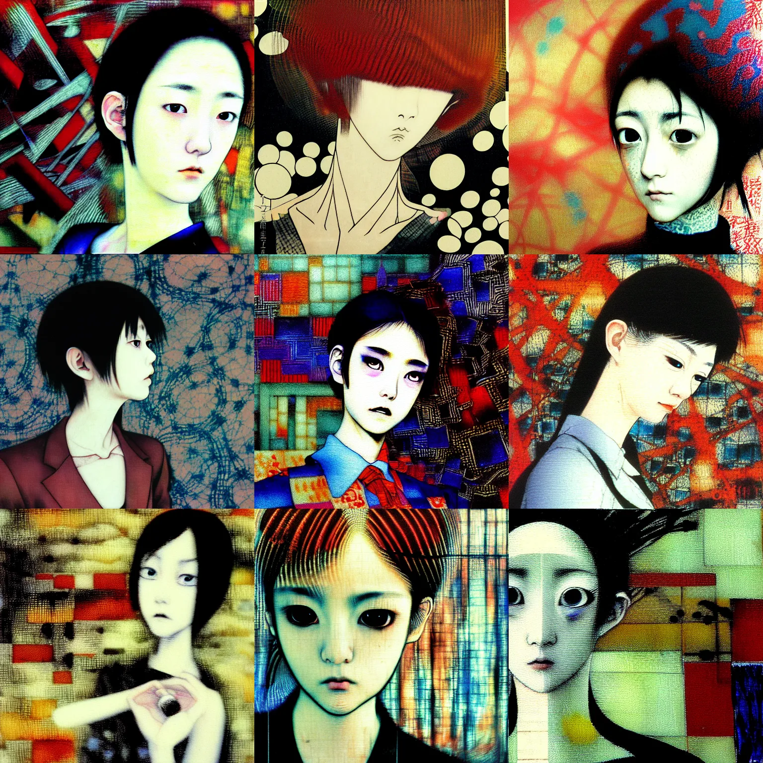 Prompt: yoshitaka amano blurred and dreamy realistic portrait of a young woman with short hair and black eyes wearing dress suit with tie, junji ito abstract patterns in the background, satoshi kon anime, noisy film grain effect, highly detailed, renaissance oil painting, weird camera angle, blurred lost edges, 1 9 9 0 s magazine photo