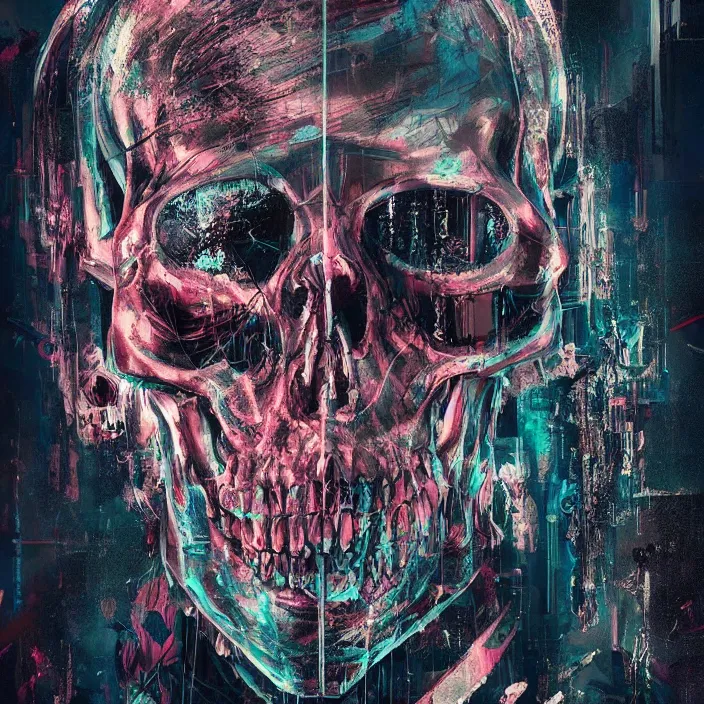 Prompt: a beautiful painting of a cyberpunk skull by pascal blanche and julian calle and nekro. in style of colorful comic noir illustration, symmetry, sci fi, hyper detailed. octane render. trending on artstation