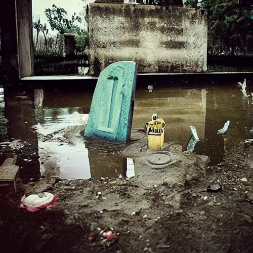 Prompt: The experimental art shows a grave that has been flooded with water. The grave is located in a cemetery in Italy. The water in the grave is dirty and there is trash floating in it. The grave is surrounded by a fence. 60s kitsch and psychedelia, Subway by Elizabeth Gadd sad, rich details