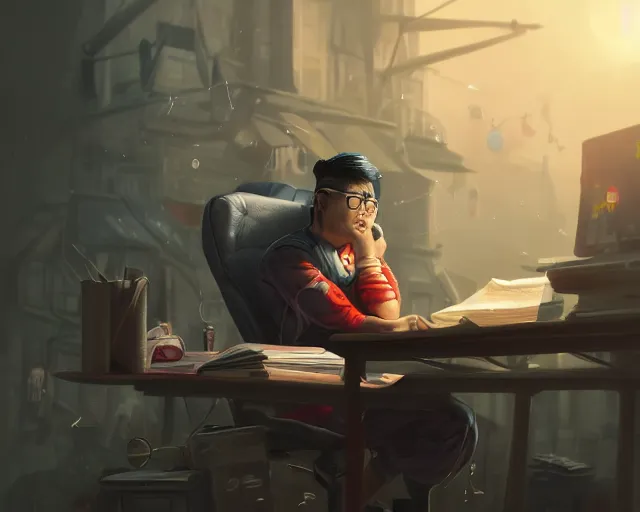 Image similar to an insanely detailed painting of a nerdy asian man wearing a superhero costume, sitting at a desk, staring at the nervously at the computer and typing, in the style of peter mohrbacher, dramatic lighting and composition, surreal background, octane render, pixar, trending on artstation, concept art, comic book, view from behind