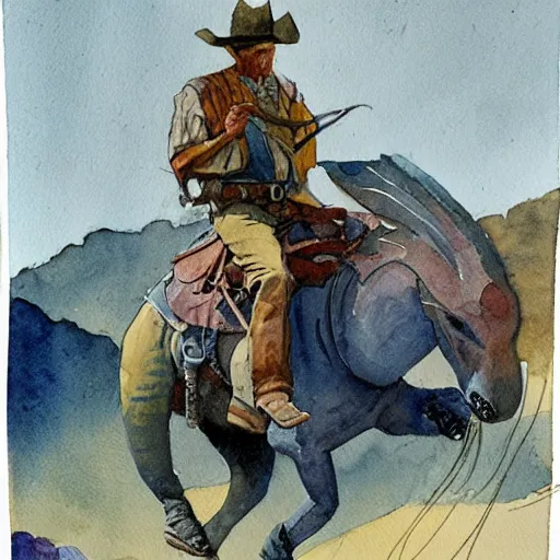 Image similar to a watercolor painting of a cowboy riding a dinosaur in the style of n. c. wyeth and in the style of james gurney.