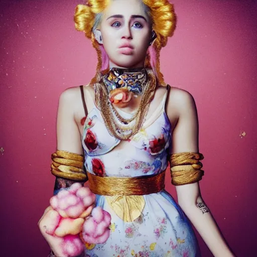 Image similar to “ 8 k, octane render, realism, tonalism, renaissance, rococo, baroque, portrait of miley cyrus wearing long - harajuku manga - dress with flowers and skulls, cotton candy!! ( background chaotic gold leaf flowers ) ”