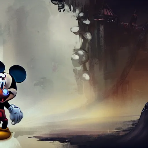 Prompt: a beautiful illustration of mickey mouse as an assassin, by rutkowski, featured on artstation