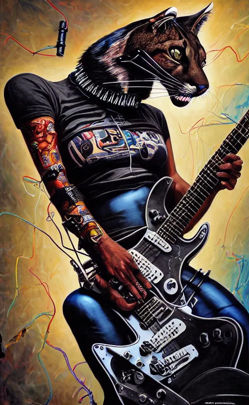 Prompt: a portrait of an anthropomorphic cyberpunk black puma, shredding an electric guitar by sandra chevrier, by jon foster, detailed render, epic composition, cybernetics, 4 k realistic, fender stratocaster, cryengine, realistic shaded lighting, sharp focus, masterpiece, by enki bilal