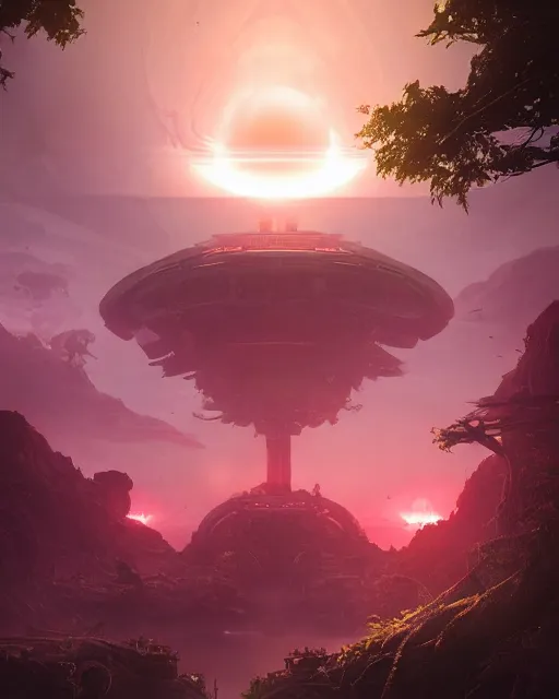Image similar to alien temple, beautiful landscape, nier automata, protoss!!!!, machine planet, mothership in the sky, pink sun, tropical forest, colorful light, advanced technology, cinematic lighting, highly detailed, masterpiece, art by bastien grivet and darwin cellis and jan urschel