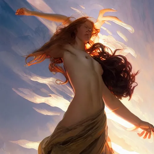 Image similar to Icarus falling from the sky, dramatic light, highly detailed, digital painting, cgsociety , concept art, sharp focus, illustration, art by artgerm and greg rutkowski and alphonse mucha