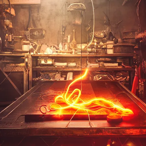 Prompt: red hot frying pan with eggs and bacon, tangles of metallic cables, dark messy smoke - filled cluttered workshop, dark, dramatic lighting, orange tint, sparks, plasma charges, cinematic, highly detailed, sci - fi, futuristic, movie still