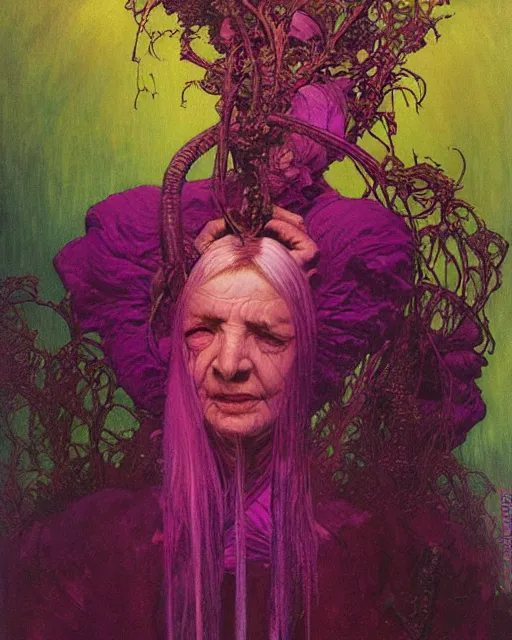 Image similar to purple and pink flowerpunk portrait of a fierce old matriarch by paul lehr, beksinski, alphonse mucha