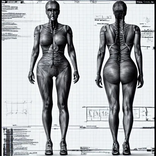 Prompt: full page anatomy scan of kim kardashian detailed, body section, blueprint, mathematics and geometry, post apocalyptic, desaturated, 8K matte, good lighting,