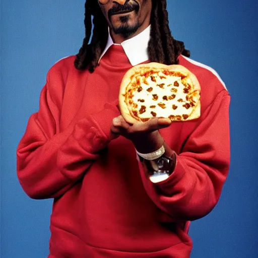 Prompt: Snoop Dogg holding a piece of pizza for a 1990s sitcom tv show, Studio Photograph, portrait, C 12.0