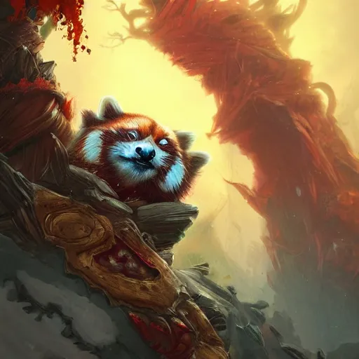 Image similar to red panda as wrath of the lich king character, digital illustration portrait design, by android jones and greg rutkowski, retrowave color scheme, detailed, cinematic lighting, wide angle action dynamic portrait
