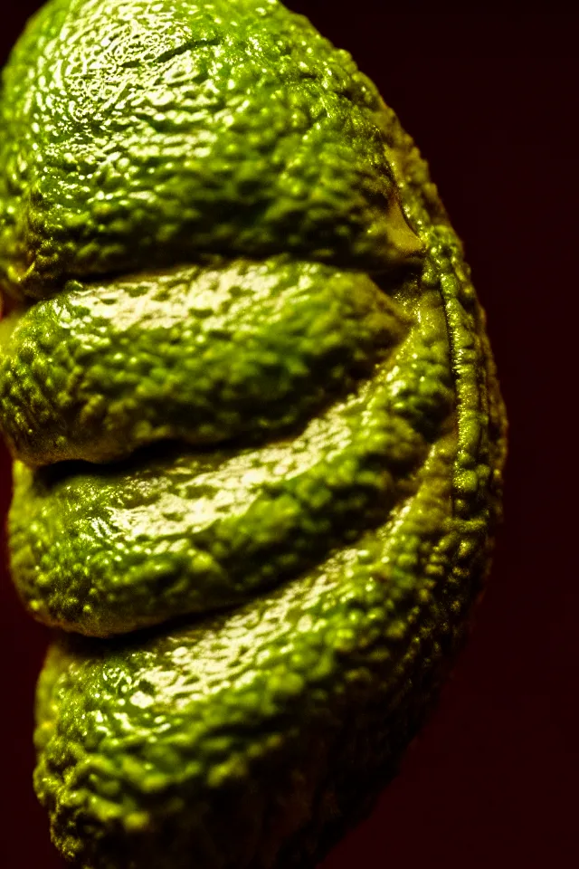 Image similar to renaissance portrait close up of highly detailed respected dragonskinned avocado, fake mustache, dramatic cinematic lighting, 8 k