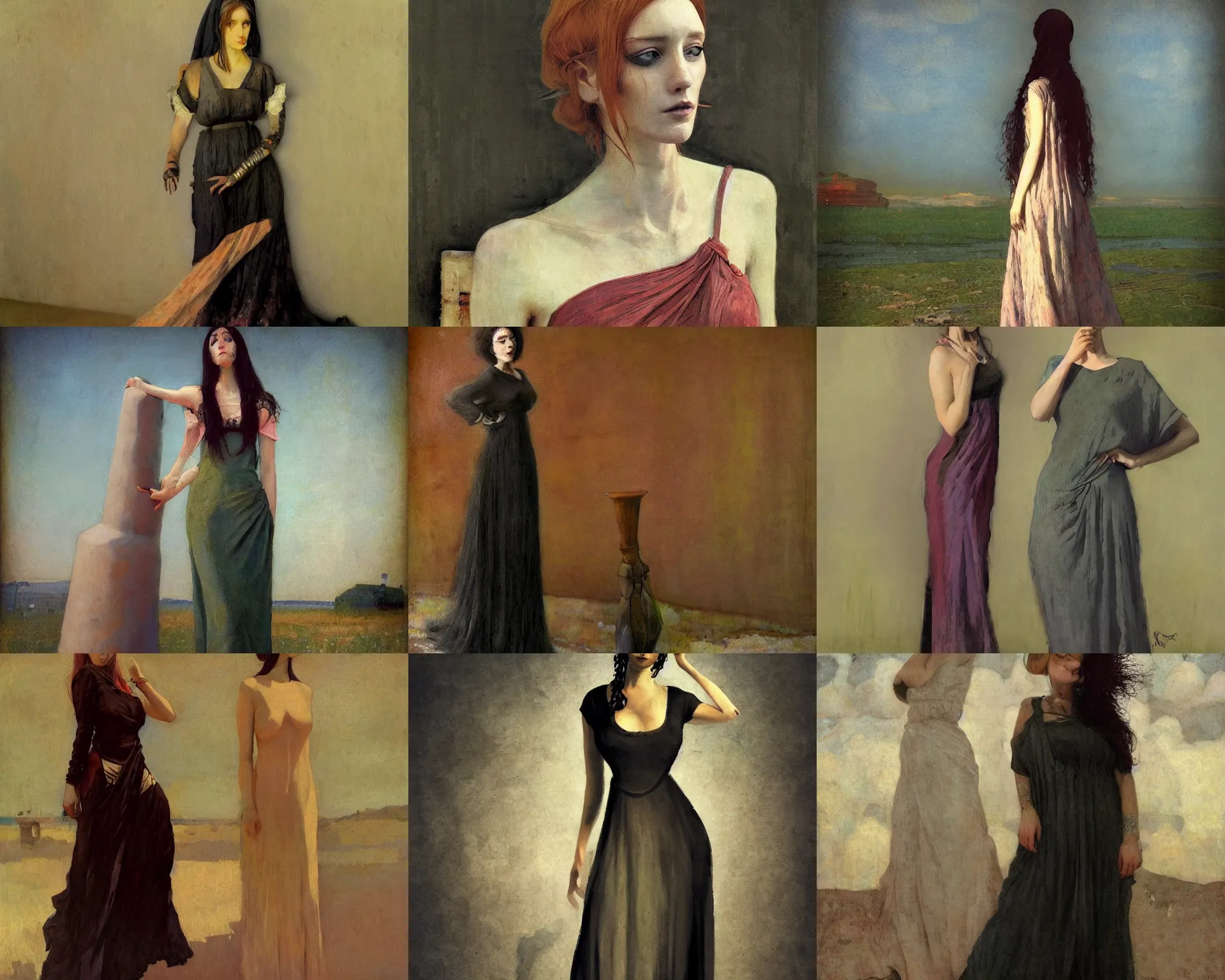 Prompt: woman portrait, female figure in maxi dress, rhads, modernism, low poly, industrial, vapor punk, barocco, ilya repin style and John Bauer style