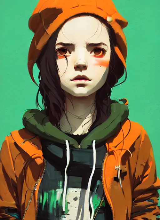 Image similar to highly detailed portrait of a cloudpunk young seattle lady, tartan hoody, by atey ghailan, by greg rutkowski, by greg tocchini, by james gilleard, by joe fenton, by kaethe butcher, gradient green, brown, blonde crea, orange, brown and white color scheme, grunge aesthetic!!! ( ( graffiti tag wall background ) )