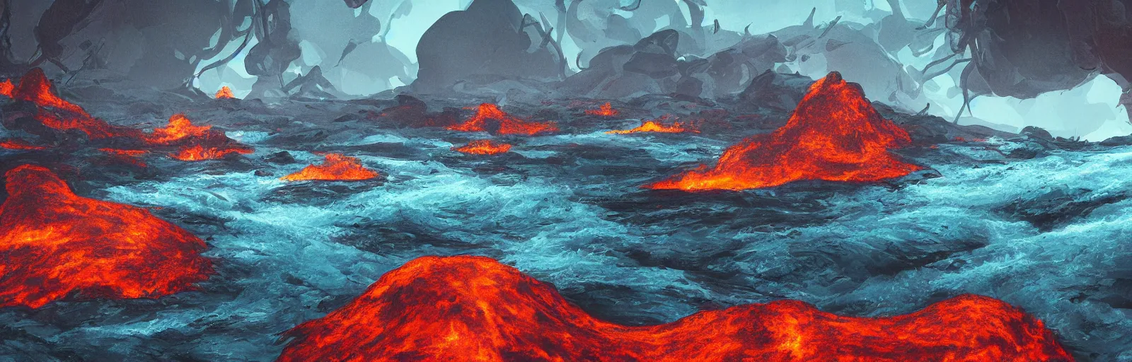 Prompt: painting of lava river scene on an alien planet by vincent bons. ultra sharp high quality digital render. detailed. beautiful landscape. weird vegetation. water.