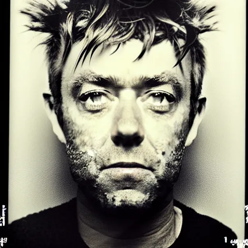 Image similar to Mugshot Portrait of Damon Albarn, taken in the 1970s, photo taken on a 1970s polaroid camera, grainy, real life, hyperrealistic, ultra realistic, realistic, highly detailed, epic, HD quality, 8k resolution, body and headshot, film still, front facing, front view, headshot and bodyshot, detailed face, very detailed face