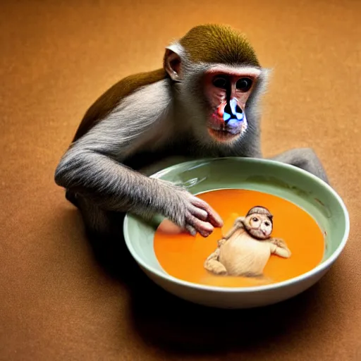 Prompt: a monkey swiming in a bowl of soup