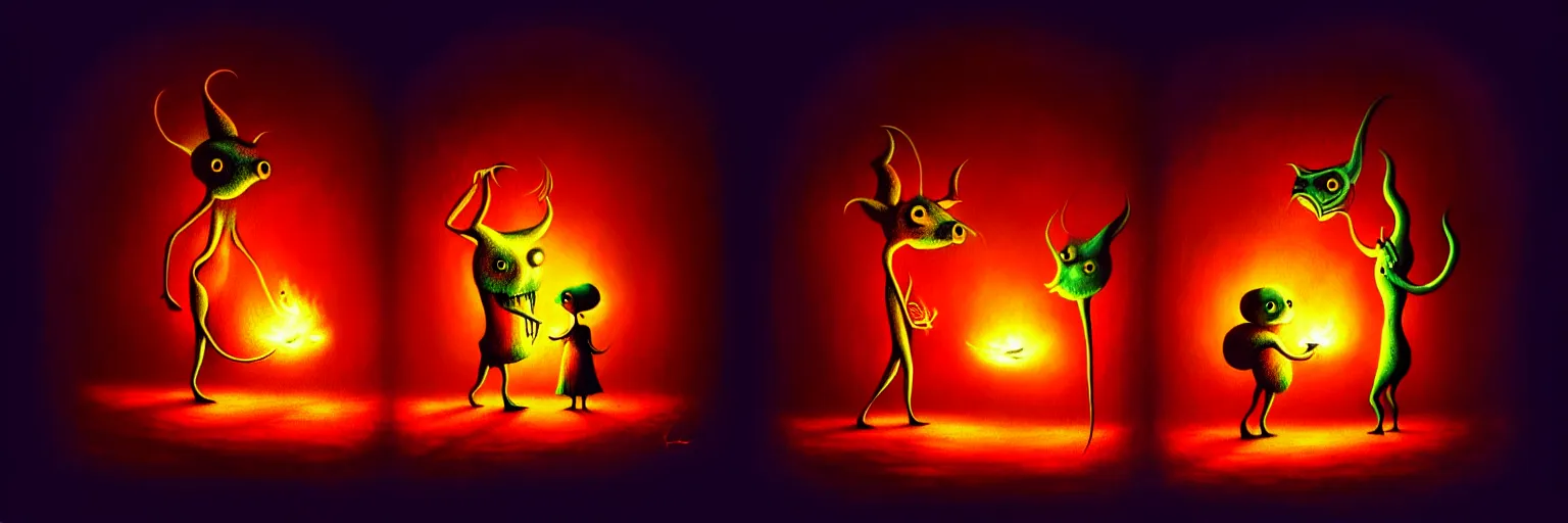 Prompt: whimsical creatures from the depths of the imagination, dramatic lighting from fire glow, surreal dark uncanny painting by ronny khalil
