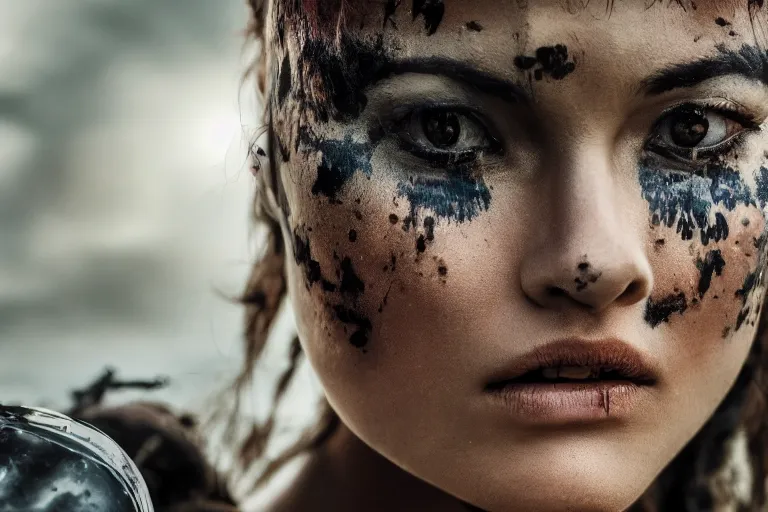 Prompt: close - up photo of a beautiful warrior princess in a battle scene, detailed eyes, shallow depth of field, photorealistic, cinematic lighting, lovely bokeh, warm colours, dusk