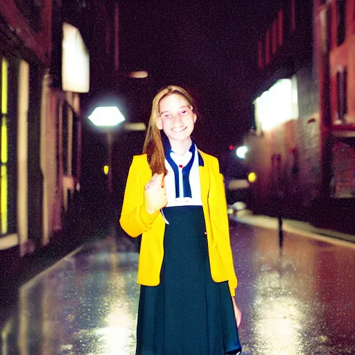 Prompt: night flash portrait photography of a high school girl in catholic school uniform on the lower east side by annie leibovitz, colorful, nighttime!, raining!