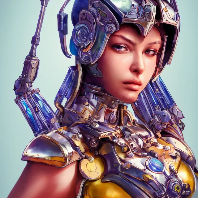 Image similar to studio portrait of lawful good colorful female holy mecha paladin absurdly beautiful, elegant, young curvy bikini model, ultrafine hyperrealistic detailed face illustration by kim jung gi, irakli nadar, intricate linework, sharp focus, bright colors, matte, octopath traveler, final fantasy, unreal engine highly rendered, global illumination, radiant light, intricate environment