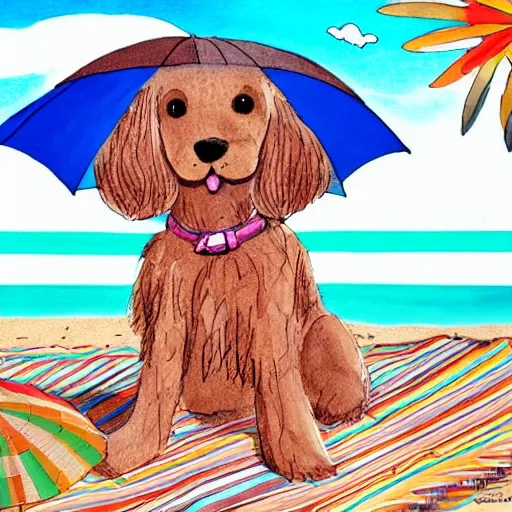 Image similar to cute brown spaniel by the seaside, parasols, bright towels, geometric, pop, lines, sketch, artwork