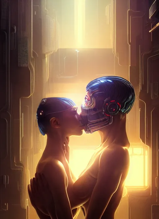 Image similar to ultra realistic medium shot of a couple of cyborgs kissing, lovers, cyberpunk, sci - fi, fantasy, kodak, photorealistic illustration, colour led, soft light, volumetric lighting, night, intricate, highly detailed, digital painting, concept art, smooth, sharp focus, illustration, art by artgerm and greg rutkowski and alphonse mucha