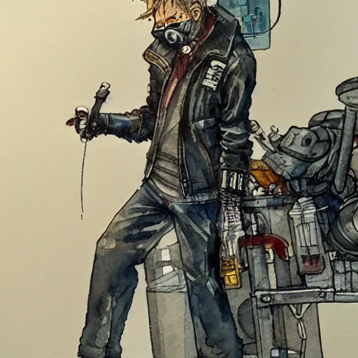 Prompt: watercolor of a cyberpunk mechanic in the style of Ashley Wood and Moebius