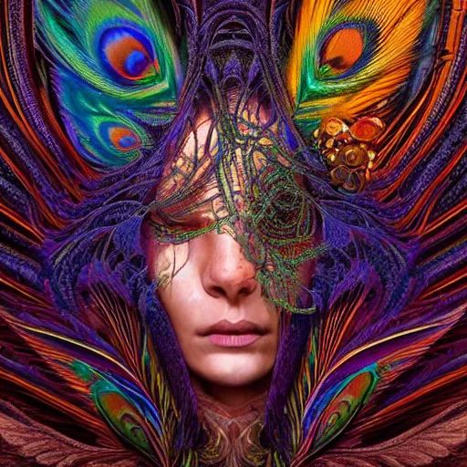 Prompt: A reality bending psychedelic ayahuasca experience, colorful, distorted, surreal, peacock feathers, dramatic lighting on the face, intricate lace, elegant fabric, highly detailed, hyper realistic digital painting, concept art, smooth, sharp focus, illustration, art by Krenz Cushart and Wayne Barlowe and alphonse mucha