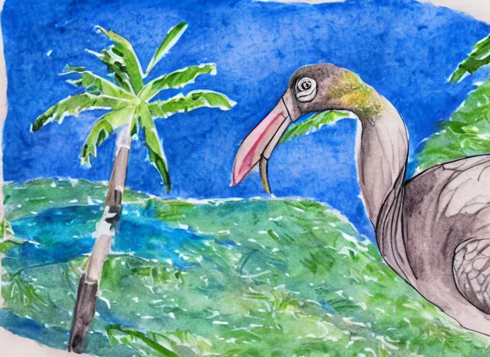 Image similar to a water color drawing of a dodo bird on a tropical island