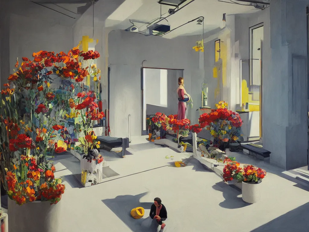 Prompt: colorful minimalist industrial interior hallway with monolithic pillars in the style of ridley scott and stanley kubrick, impossible architecture, pool ceiling, bed of flowers on floor, ultra view angle view, lone person in the distance, realistic detailed painting by edward hopper