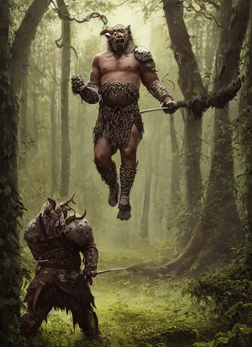 Prompt: a portrait painting of an elder male orc fighter in leather armour on a beautiful lush forest meadow, morning, art by Tristan Eaton, Stanley Artgerm, Tom Bagshaw, Greg Rutkowski, Carne Griffiths