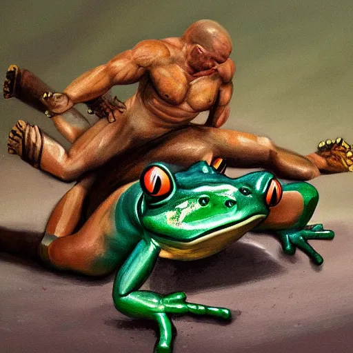 Prompt: a muscular anthro frog character suplexing an anthro toad character in a makeshift wrestling ring, dynamic, oil painting, cartoon, very detailed