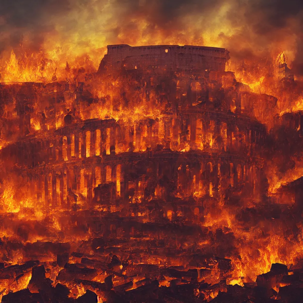 Image similar to painting of the great fire of rome, abstract, realism, 8 k, detailed, terror, octane render, 3 d render, complex, glow, cinematic, emotion