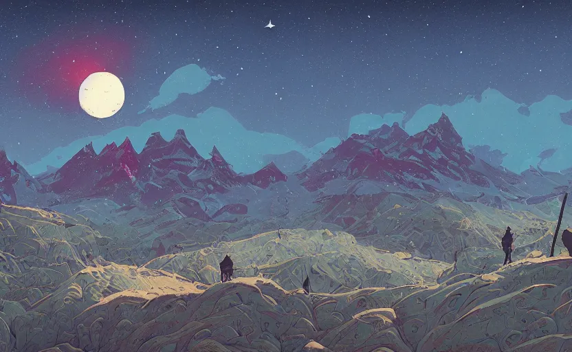 Prompt: mountains, stars and paisley filled sky, artstation, intricate, highly detailed, digital painting, concept art, sharp focus, illustration by Simon Stalenhag and James Jean