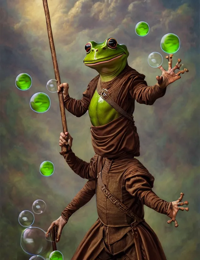 Image similar to anthropomorphic bipedal frog that is dressed as a renaissance fighter, and holding a staff, as a matte oil painting and d & d character art, by alex grey, standing, fullbody, floating bubbles, mystic, fog, fractals, spirals, concept art, award - winning, extremely detailed, sharp focus