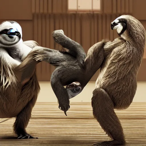 Prompt: sloth fighting a pigeon kung fu style s in a dojo, facing each other, aggressive sloth vs a muscled pigeon, best photo award, high quality 8 k, cinematic lighting, painting by kusama