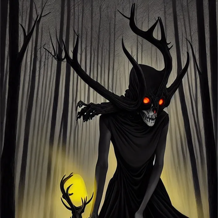 Image similar to style artgerm, joshua middleton, rafael albuquerque, gerald brom : : scary wendigo with antlers and skull face mixed with werewolf : : [ [ beautiful female witch wearing a black dress, yellow eyes, symmetrical face, on the right side ] ] : : in the forest, detailed, dark and foggy, cinematic lighting