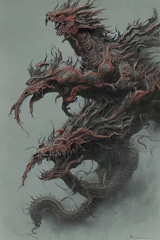 Image similar to oimmortal beast from chinese mythology, chinese dragon slayer concept art, beksinski