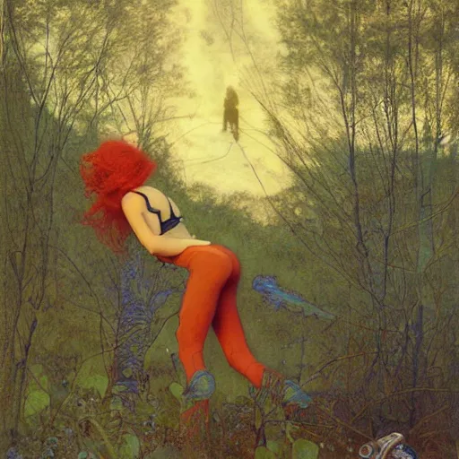 Image similar to beautiful woman with red hair in spacesuit, lost in the martianMartian forest at dusk, by Edgar Maxence and Ross Tran and Michael Whelan and Gustav Klimpt