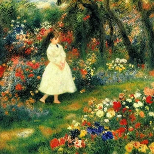 Prompt: the garden is full of colorful flowers and a lot of low bushes. a girl in a white dress is standing on the left in the middle of the garden ， highly detailed,, by pierre - auguste renoir