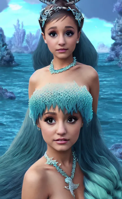 Image similar to ariana grande as a charming mermaid work safe dreamlike with jewelry, character art, hyperdetailed, 8 k realistic, frostbite 3 engine, cryengine, dof, trending on artstation, digital art